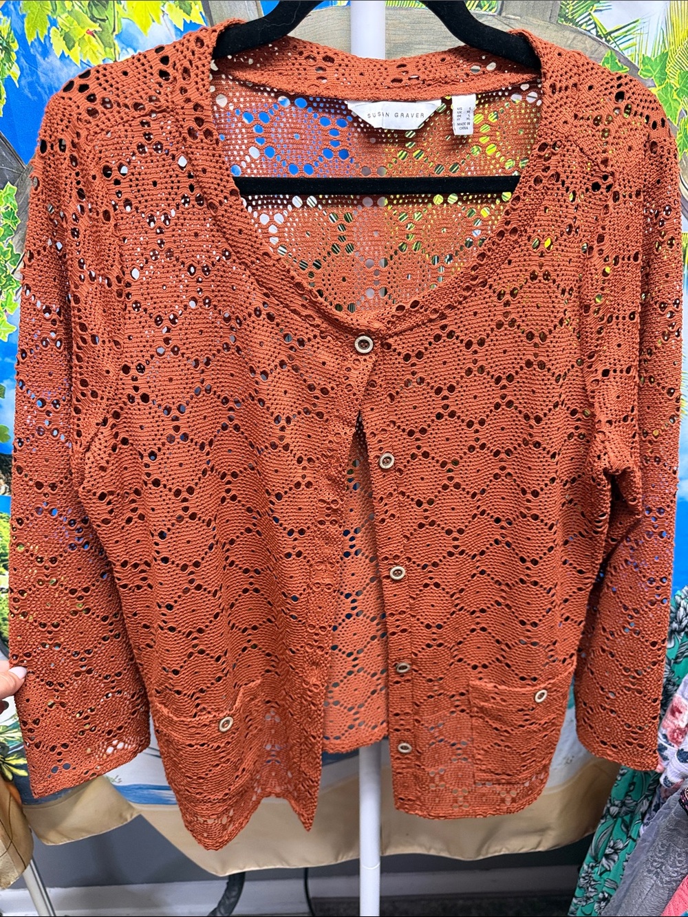 Susan Graver Rust Openwork Button-Front Cardigan